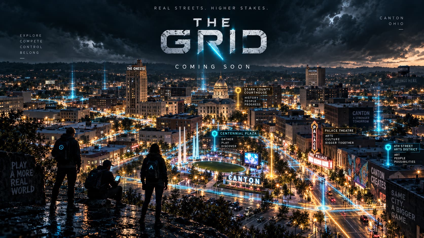 The Grid coming soon over a cinematic view of downtown Canton with Centennial Plaza, the Palace Theatre, the Onesto, Arts District, and glowing game routes